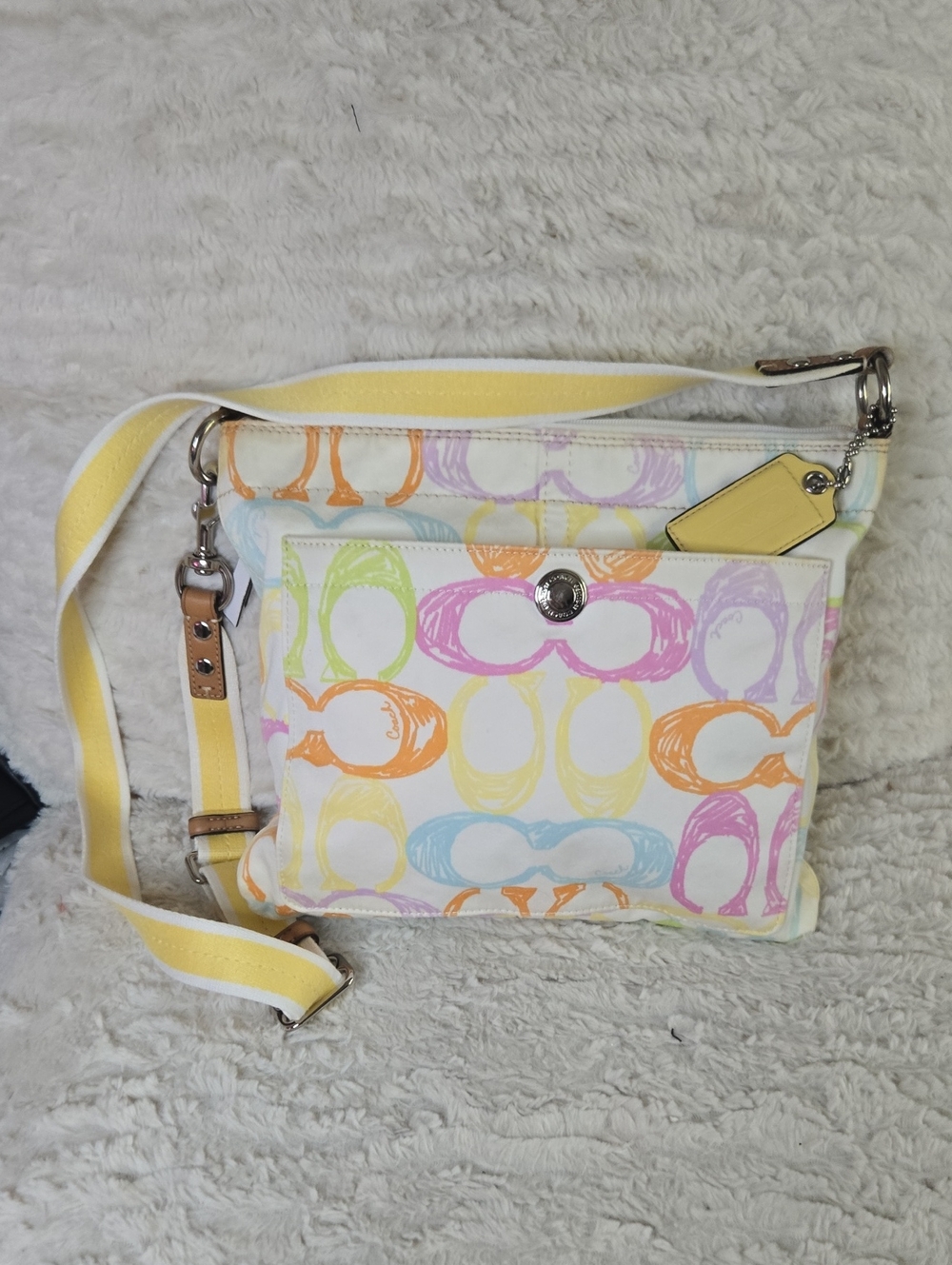 Coach Pastel Multicolor Signature Crossbody with Yellow Strap EUC
